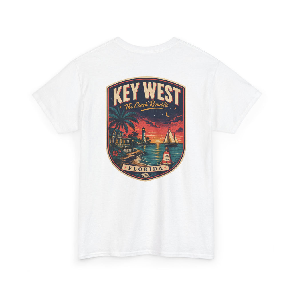 White crewneck T-shirt with Key West Florida badge lighthouse print.