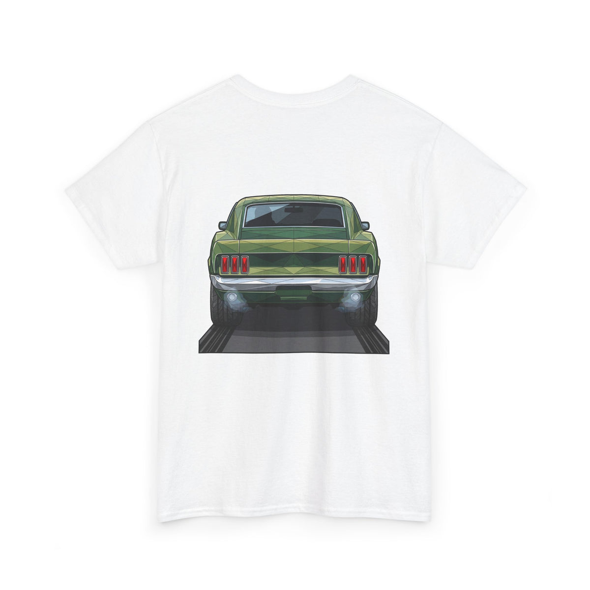 White crew-neck t-shirt with vintage green muscle car rear illustration