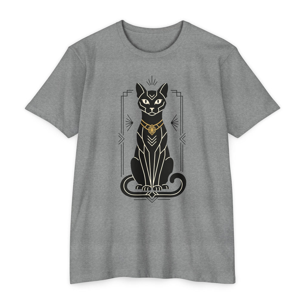 Heather gray unisex t-shirt with black Egyptian cat illustration graphic