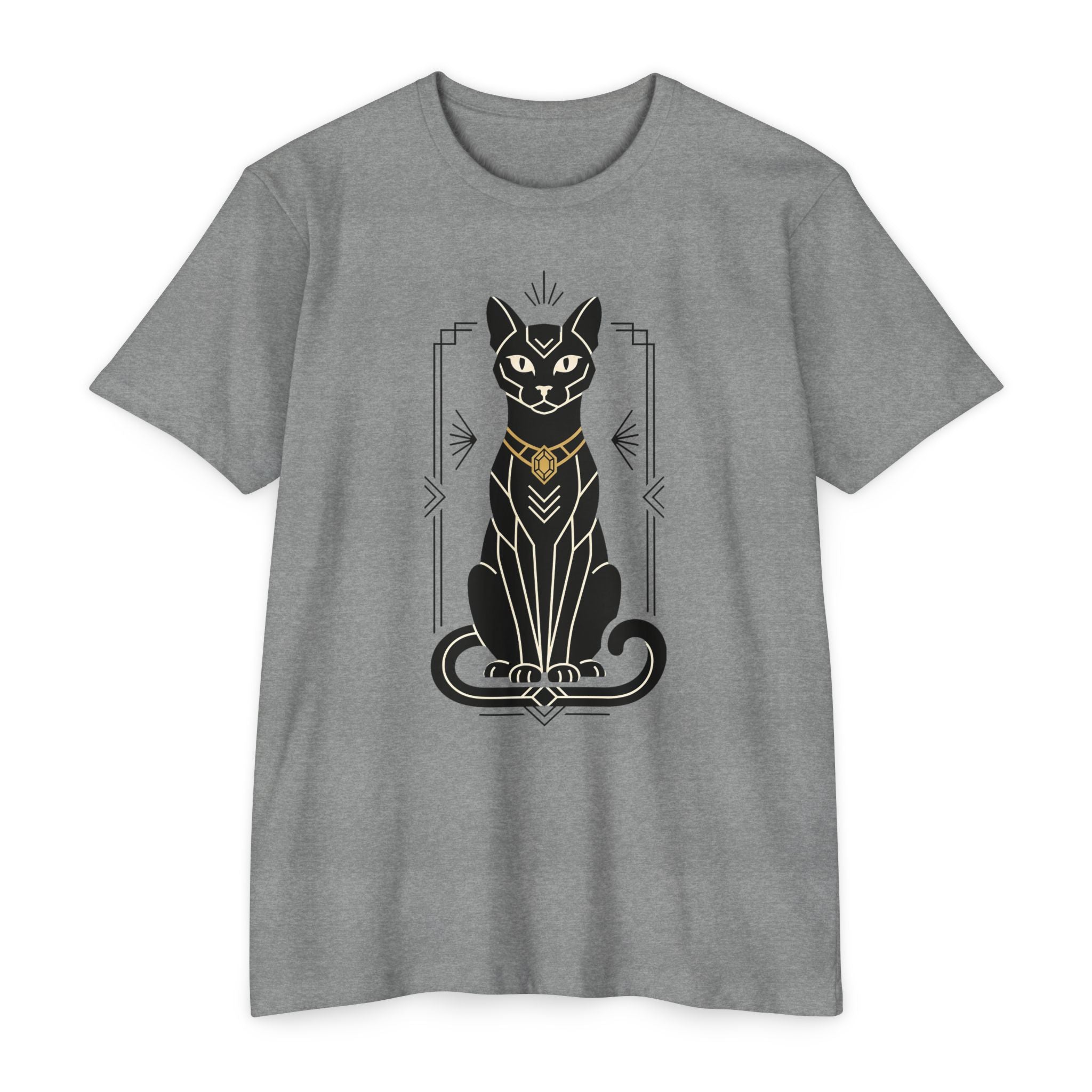 Heather gray unisex t-shirt with black Egyptian cat illustration graphic