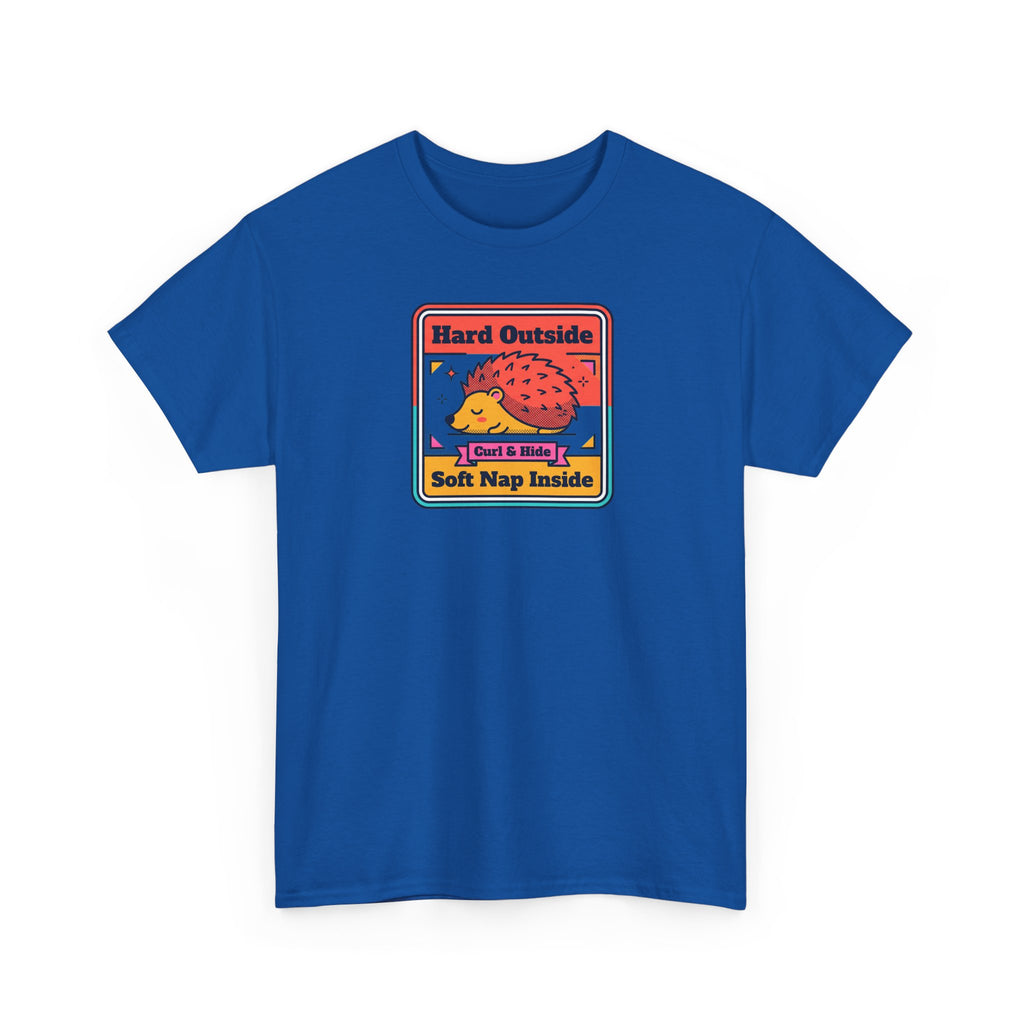 Royal blue crewneck T-shirt with hedgehog graphic on chest