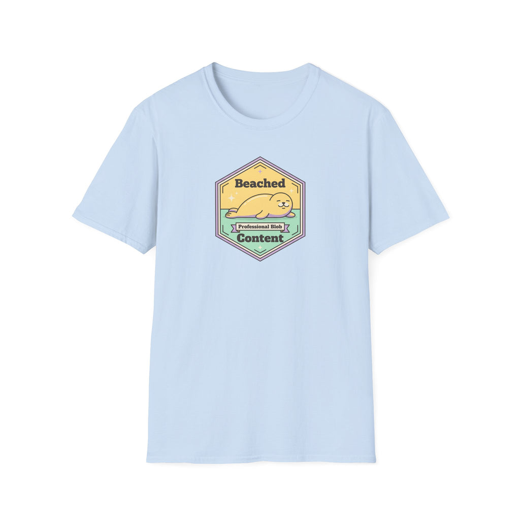 Light blue T-shirt with Beached Content seal badge graphic on the front