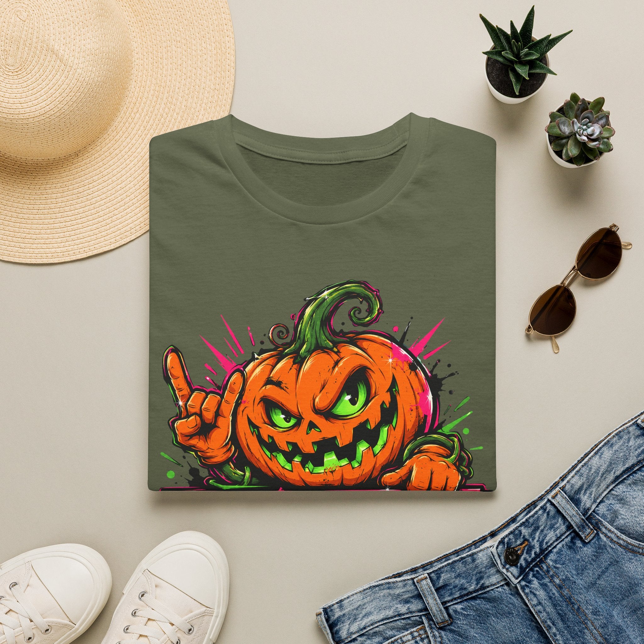 Green short-sleeve T-shirt with colorful spooky jack-o-lantern graphic on chest