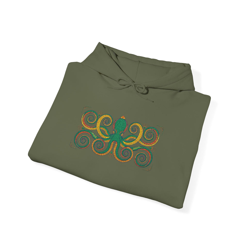 Olive green hoodie with colorful octopus spiral graphic on front, drawstring hood