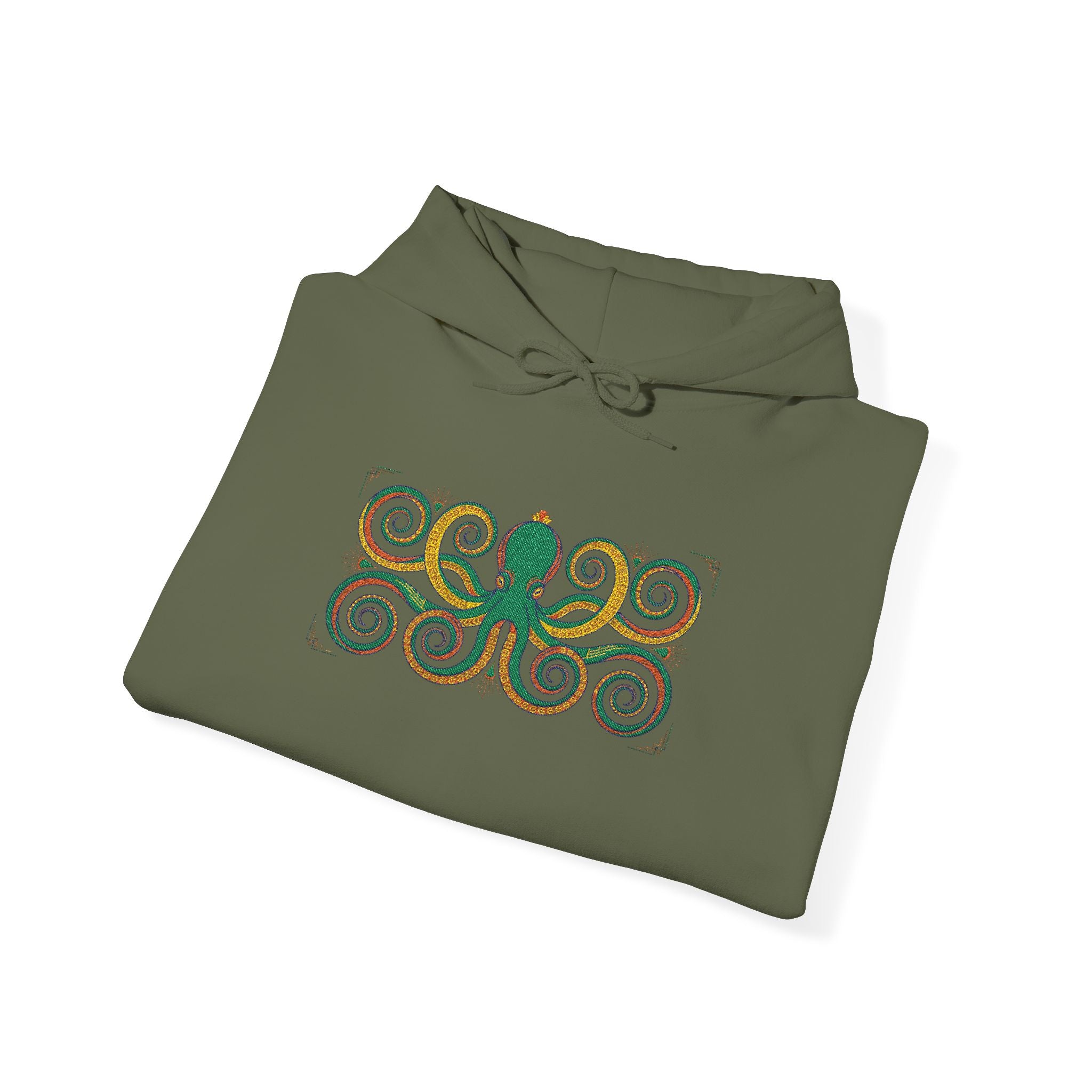 Olive green hoodie with colorful octopus spiral graphic on front, drawstring hood