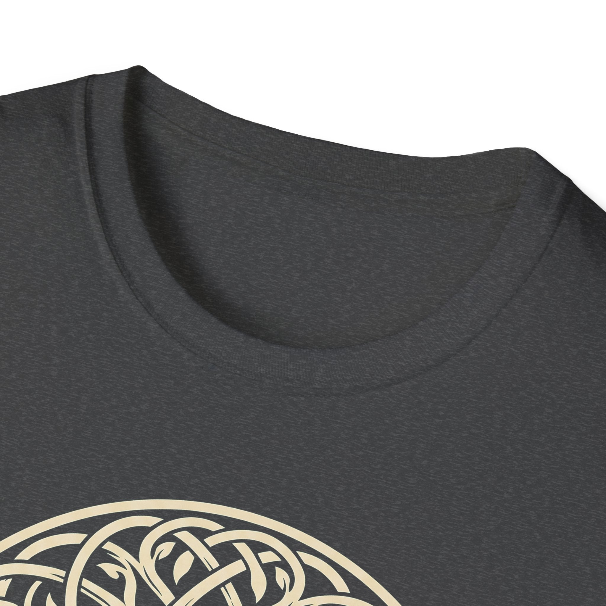 Dark heather T-shirt neckline close-up with partial knotwork circle print