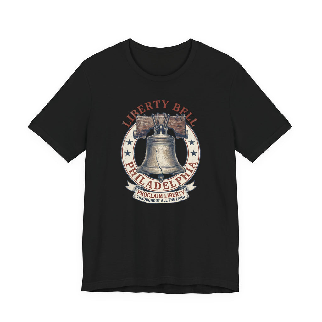 Black T-shirt with Liberty Bell graphic emblem at center chest