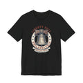 Black T-shirt with Liberty Bell graphic emblem at center chest