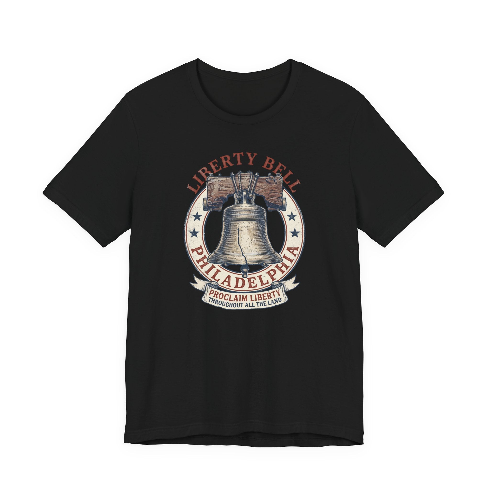 Black T-shirt with Liberty Bell graphic emblem at center chest