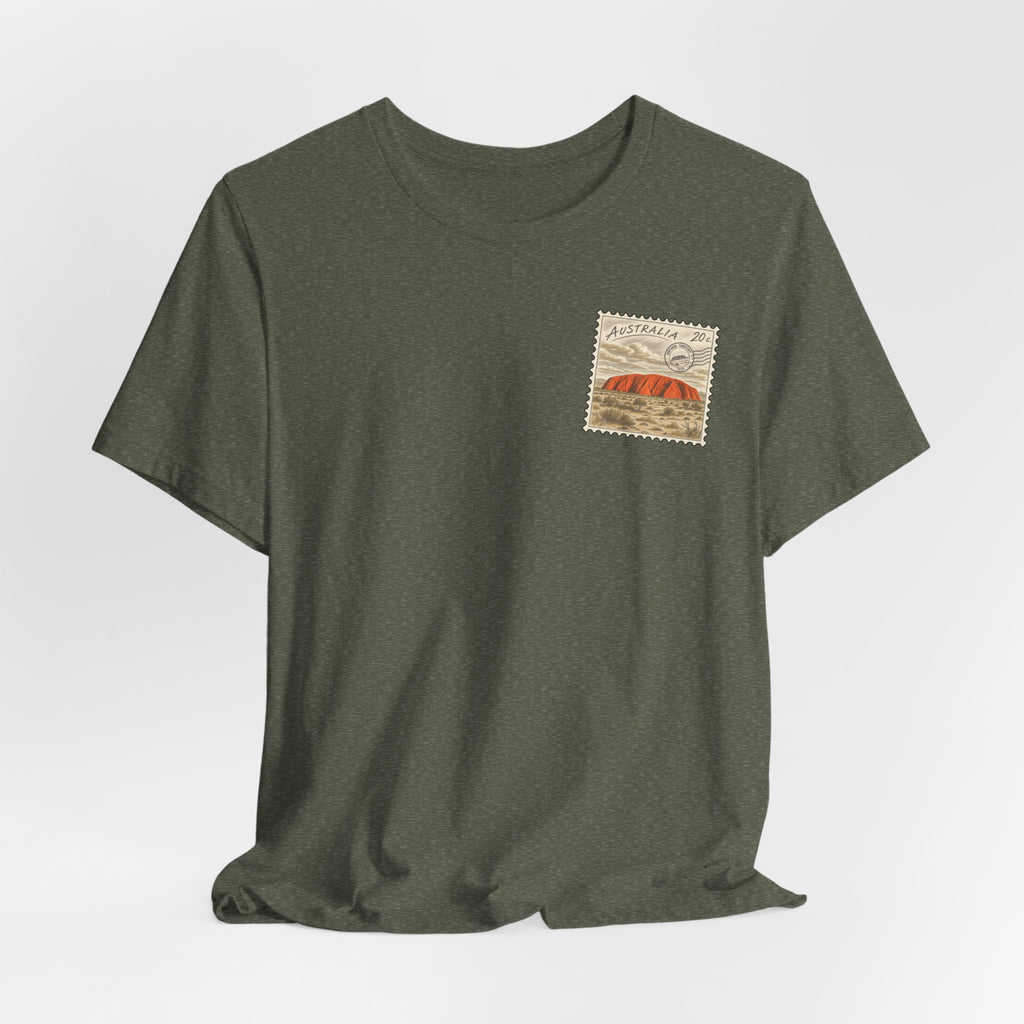 Olive heather travel t-shirt with Australia postage stamp graphic centered on chest