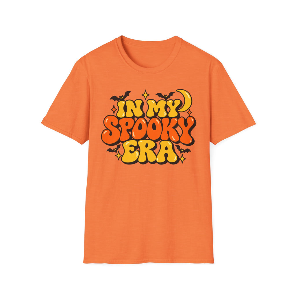 Orange Halloween graphic T-shirt with orange and yellow bubble lettering