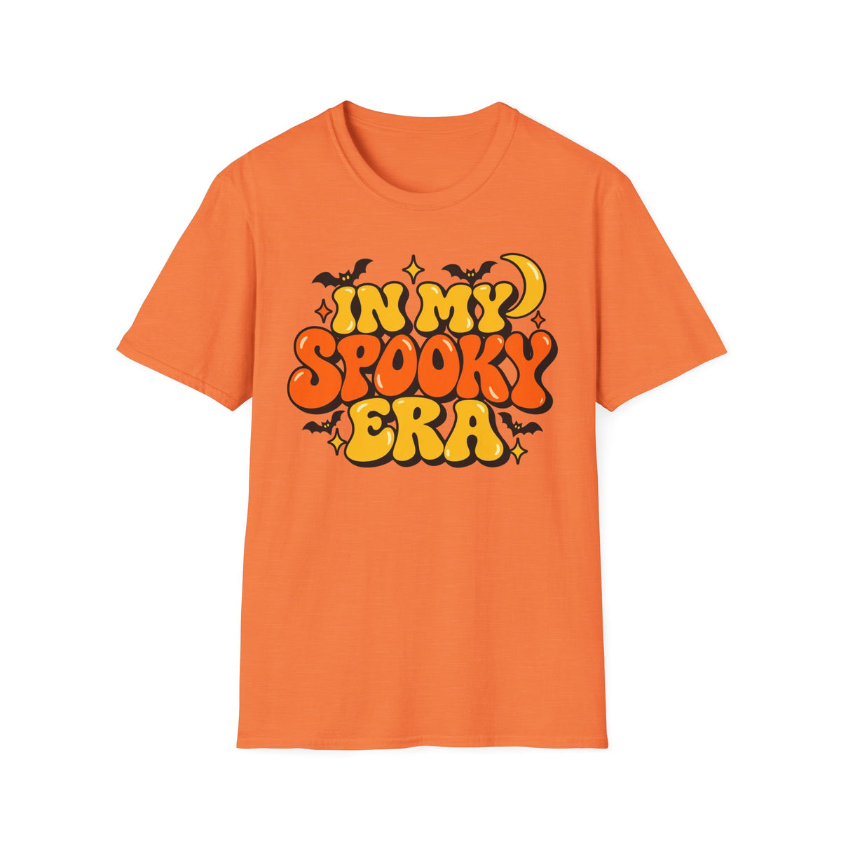 Orange Halloween graphic T-shirt with orange and yellow bubble lettering