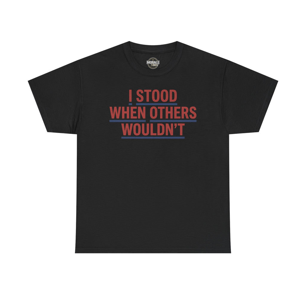 Black T-shirt with red and gray slogan graphic, crew neck