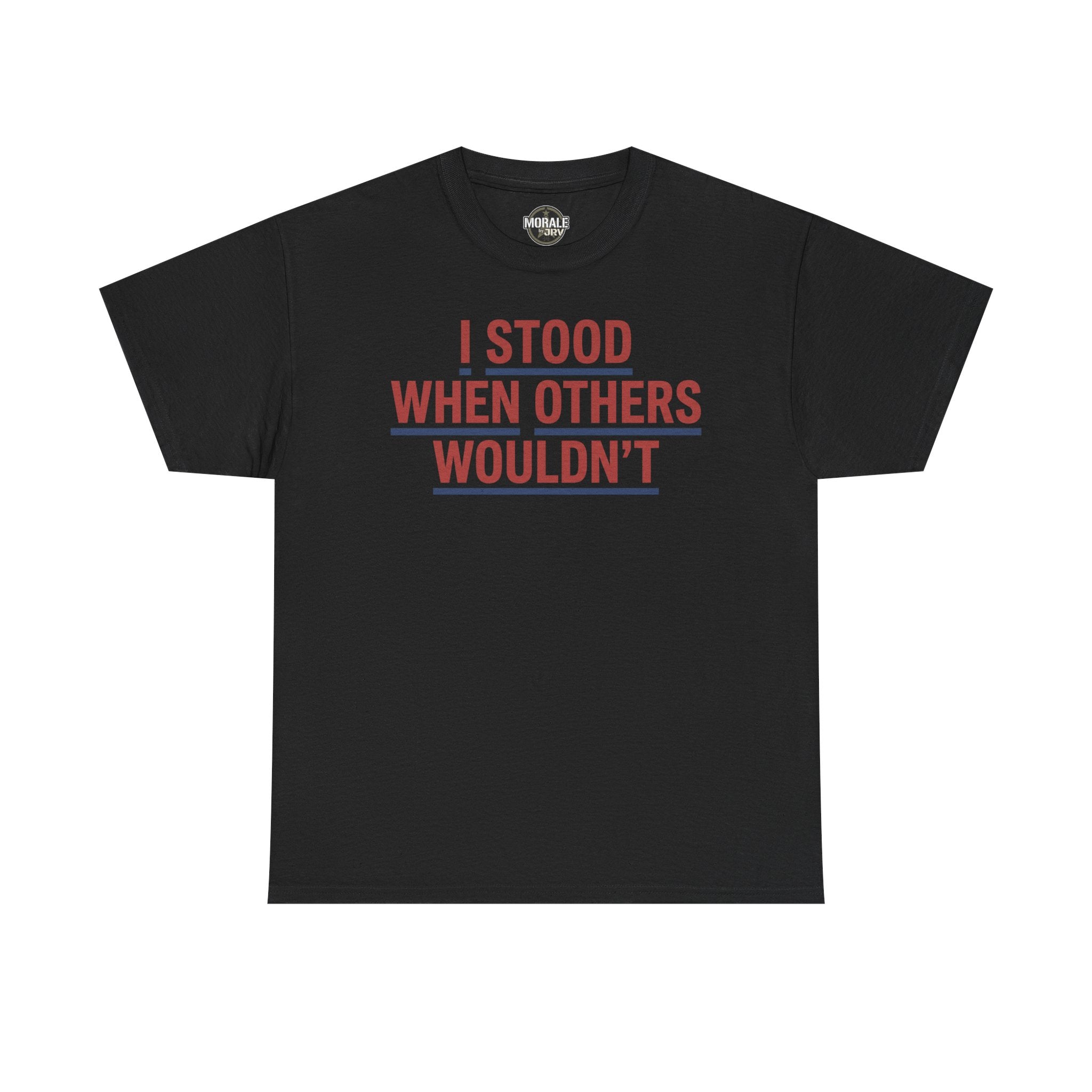 Black T-shirt with red and gray slogan graphic, crew neck