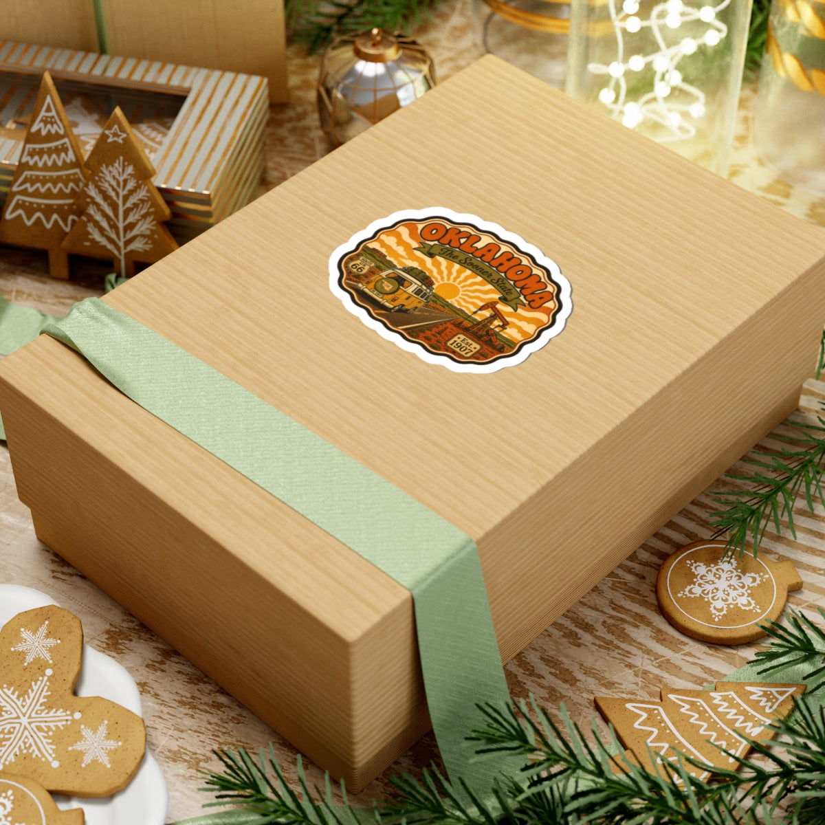 OKLAHOMA Route 66 van sticker decal on a wrapped gift box with white kiss-cut border.