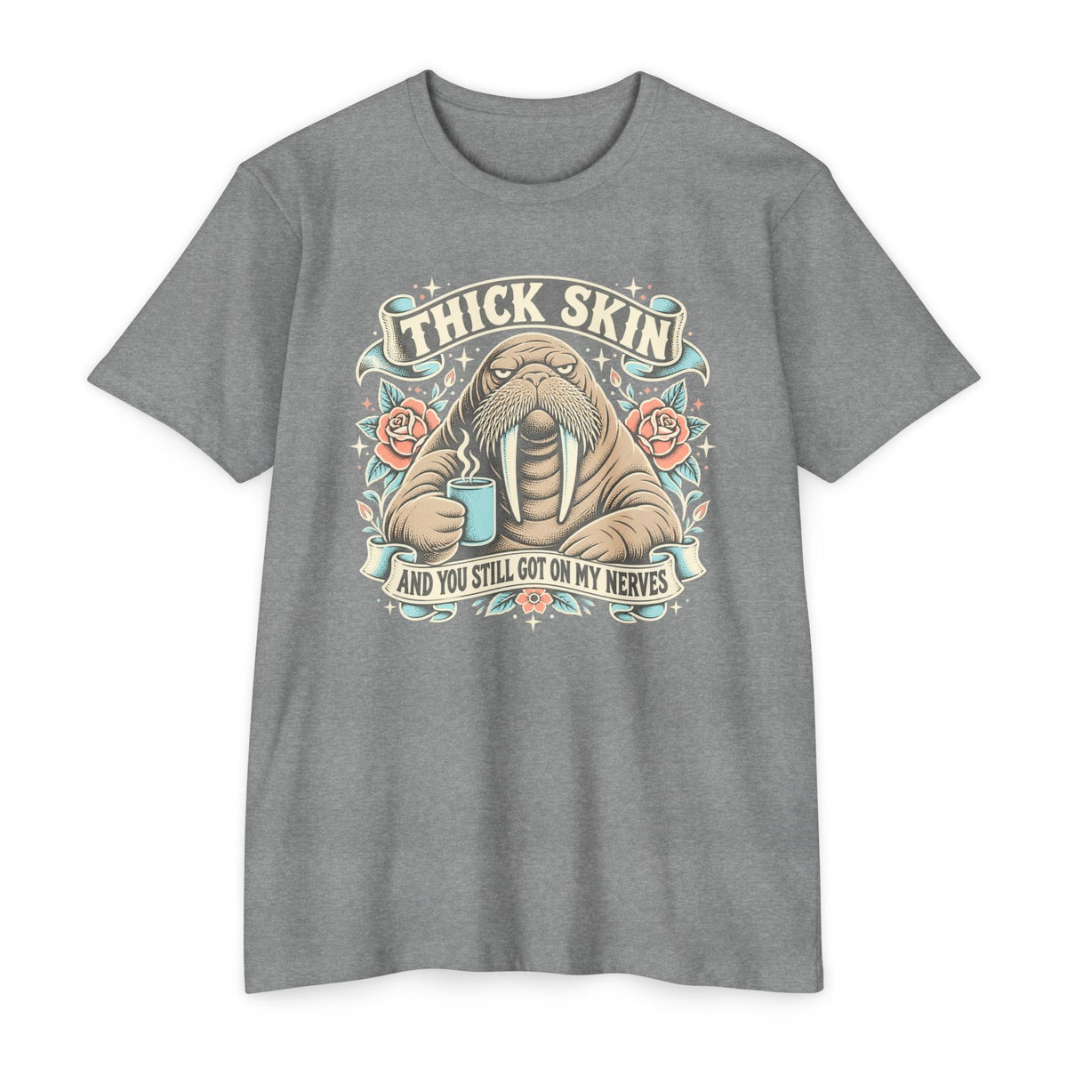 Walrus graphic t-shirt in heather gray with front chest logo and ribbon lettering