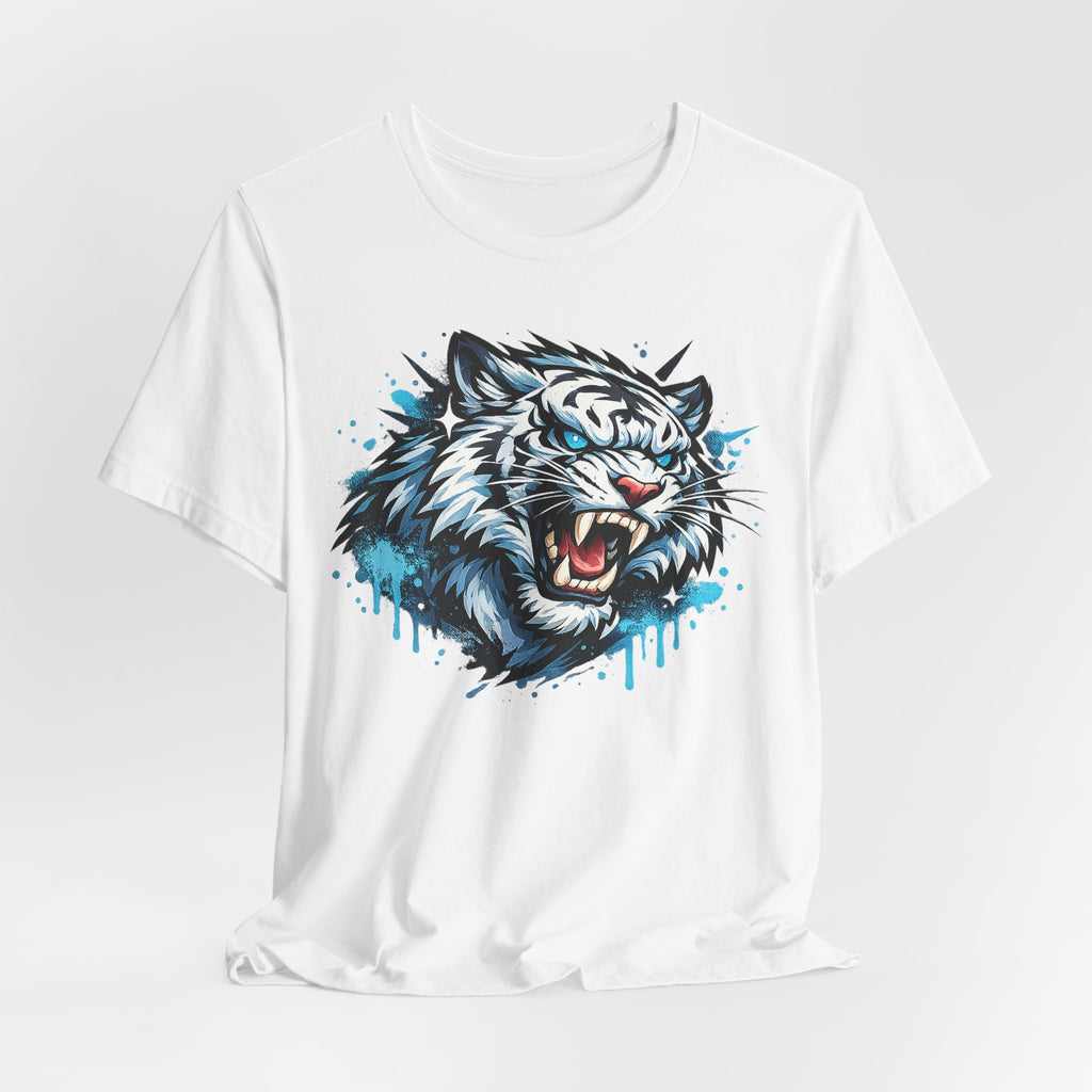 White crew-neck T-shirt with roaring tiger head graphic and blue drip splatter