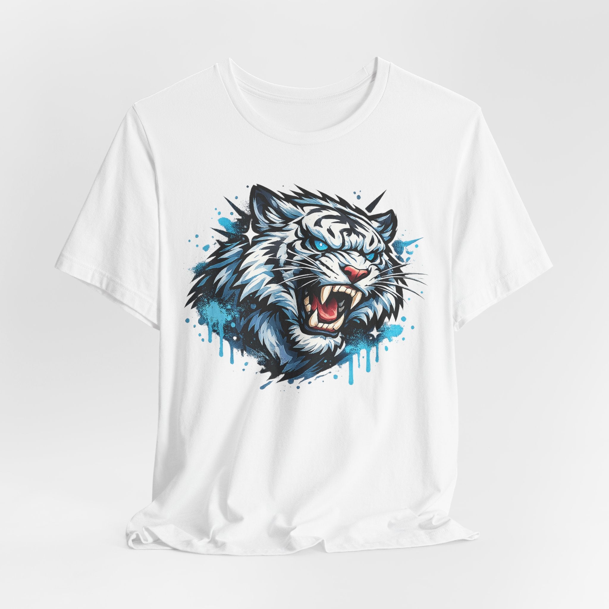 White crew-neck T-shirt with roaring tiger head graphic and blue drip splatter