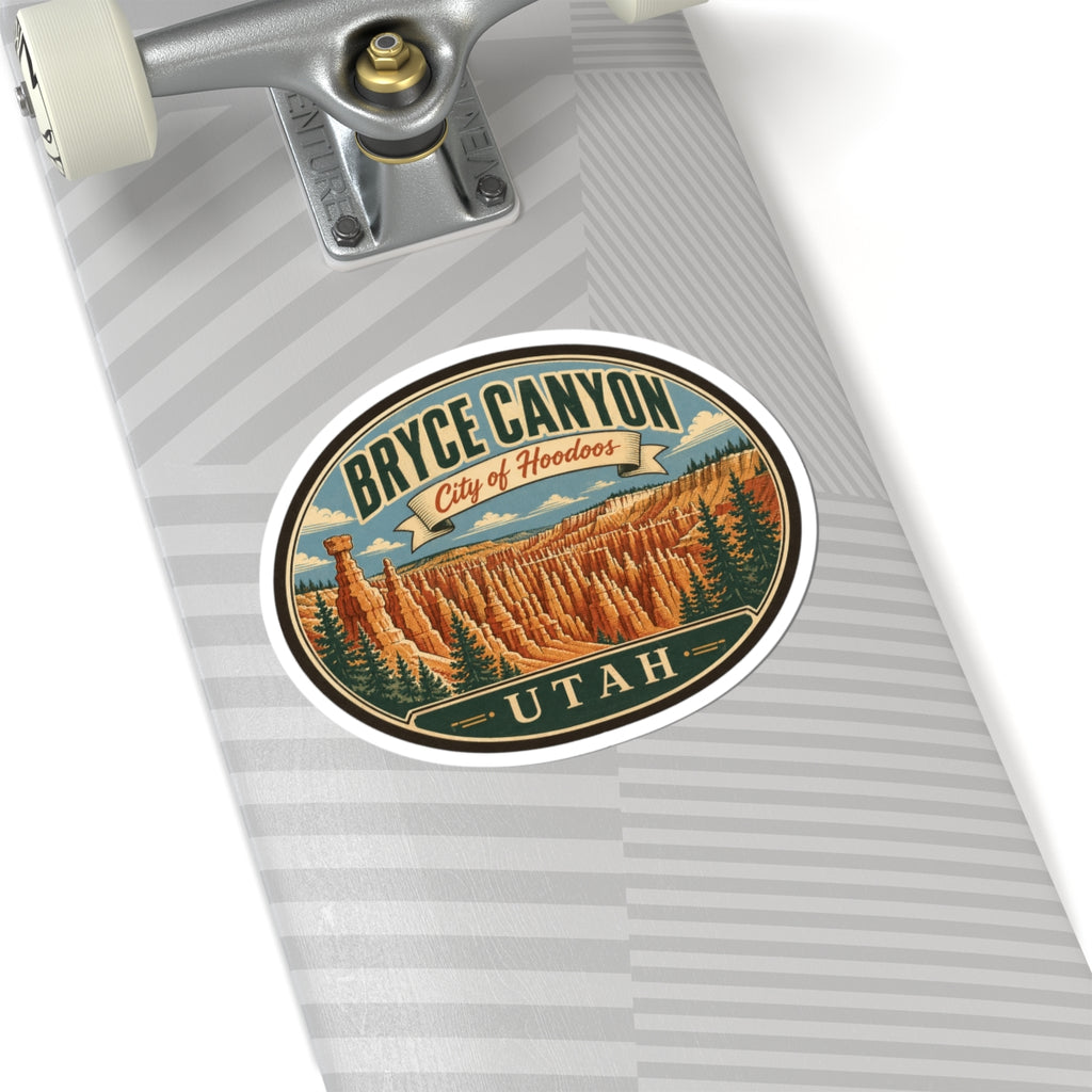 Round Bryce Canyon sticker with hoodoo landscape, 'City of Hoodoos' ribbon, and 'UTAH' at bottom.