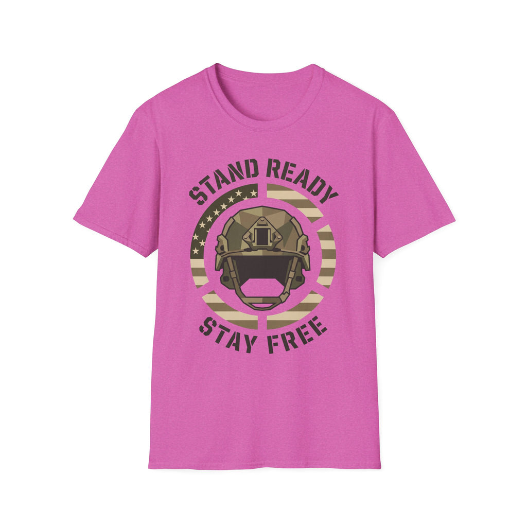 Pink crew-neck T-shirt with circular camo helmet graphic and “STAND READY STAY FREE” text