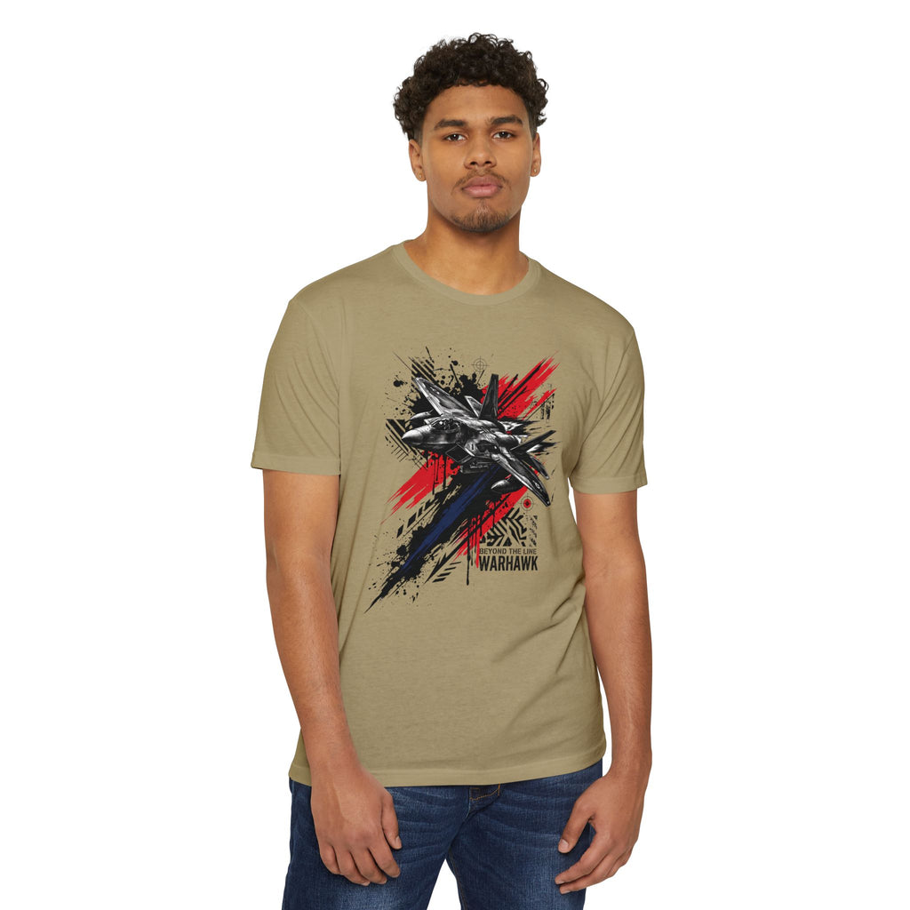 Olive jet graffiti t-shirt with fighter plane graphic at center front.