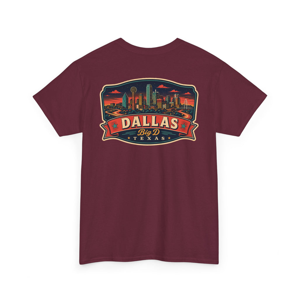 Maroon crewneck T-shirt with Dallas skyline luggage tag graphic on chest