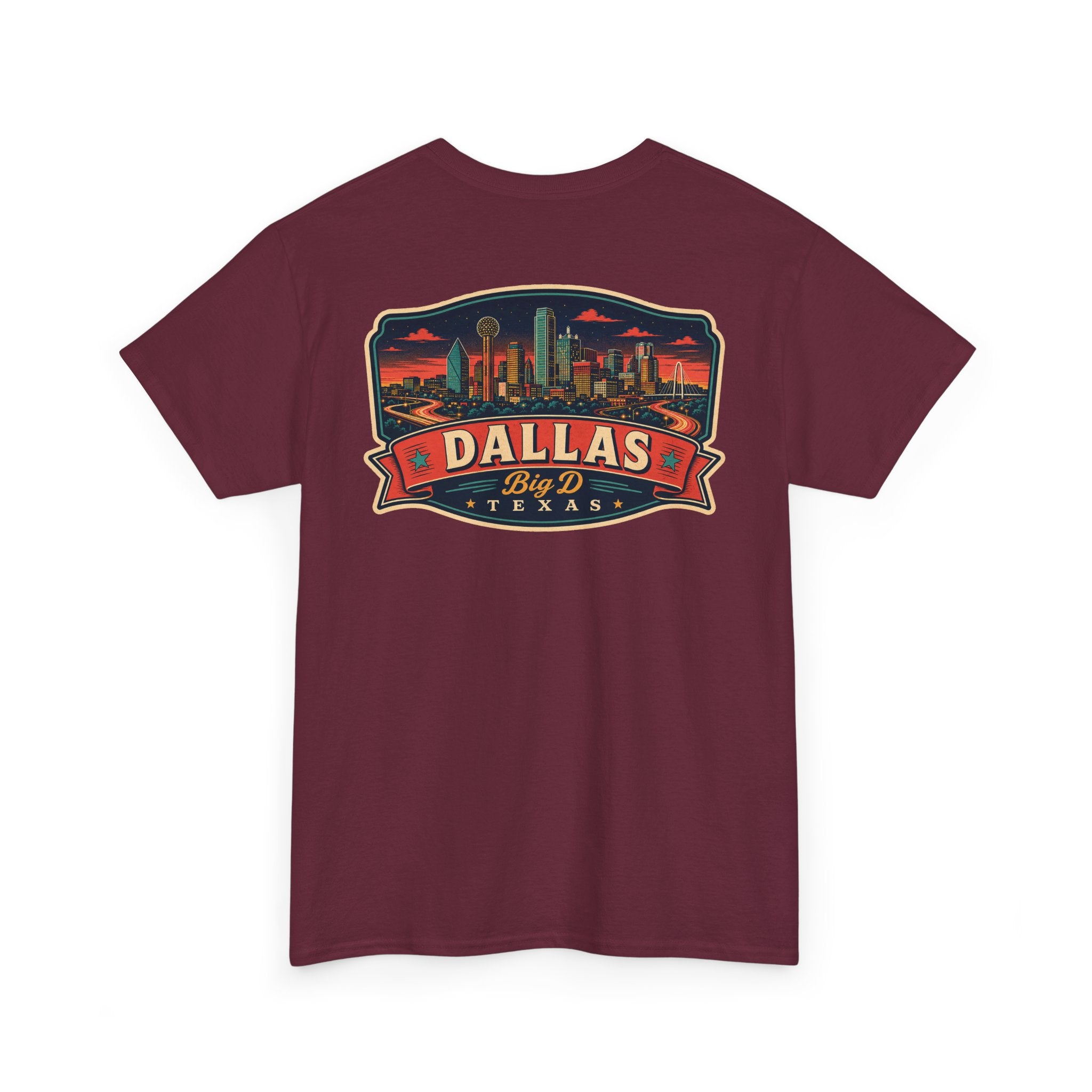 Maroon crewneck T-shirt with Dallas skyline luggage tag graphic on chest