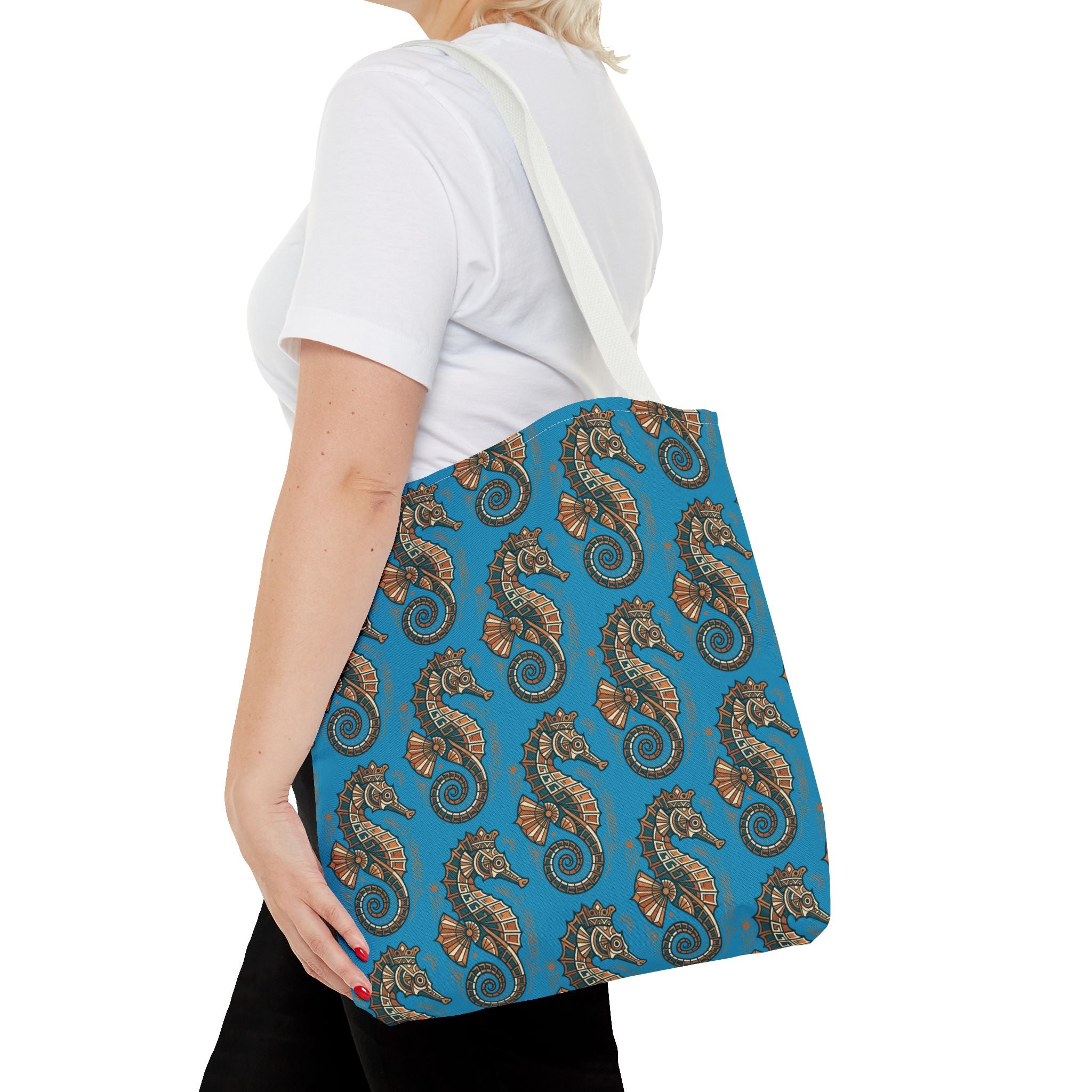 Seahorse pattern tote bag in blue with steampunk seahorses; white shoulder strap