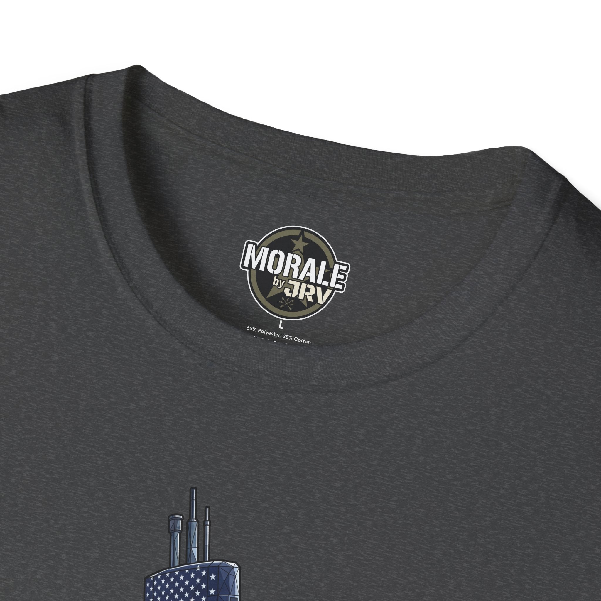Silent Service T‑shirt in charcoal gray, “MORALE by JRIV” neck print