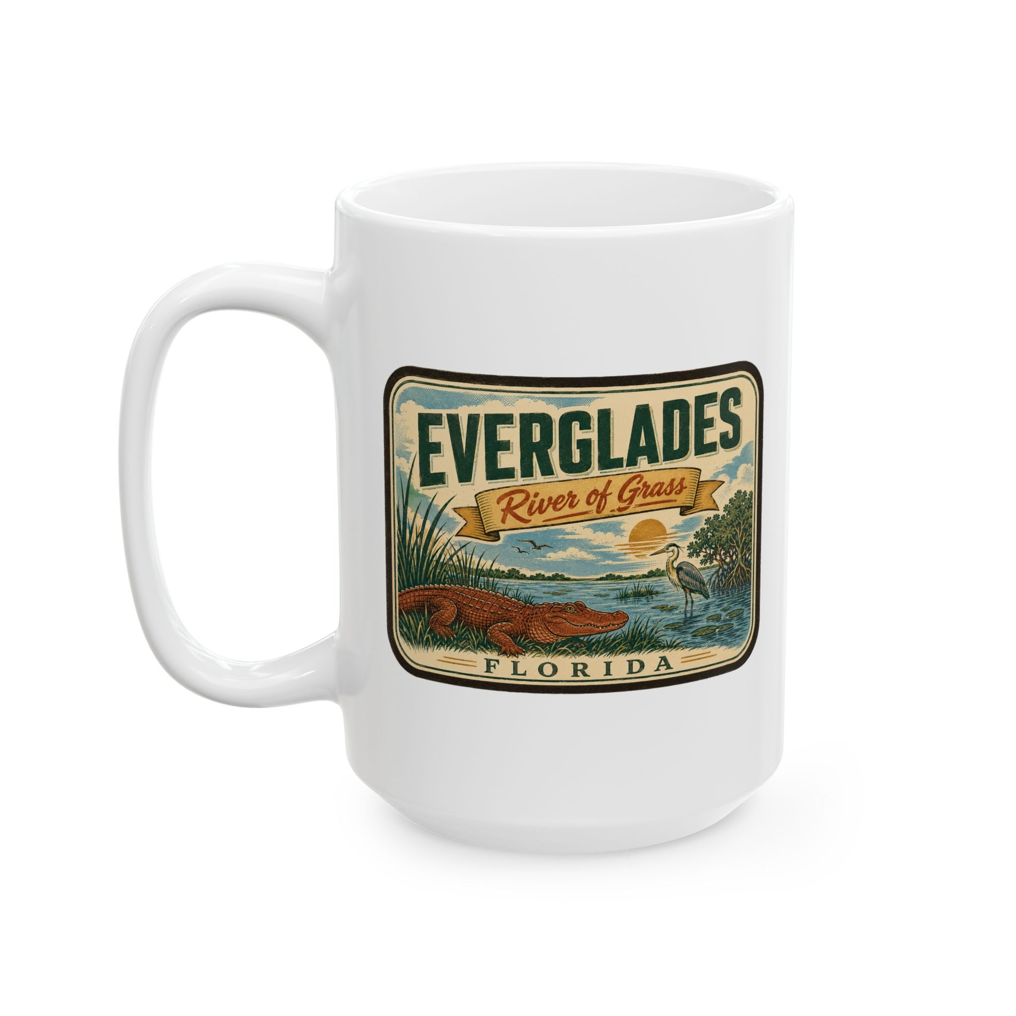 White ceramic mug with Everglades River of Grass Florida graphic and curved handle