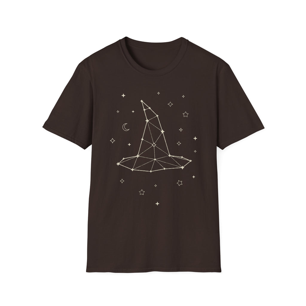 Dark brown T-shirt with white constellation witch hat graphic and star symbols