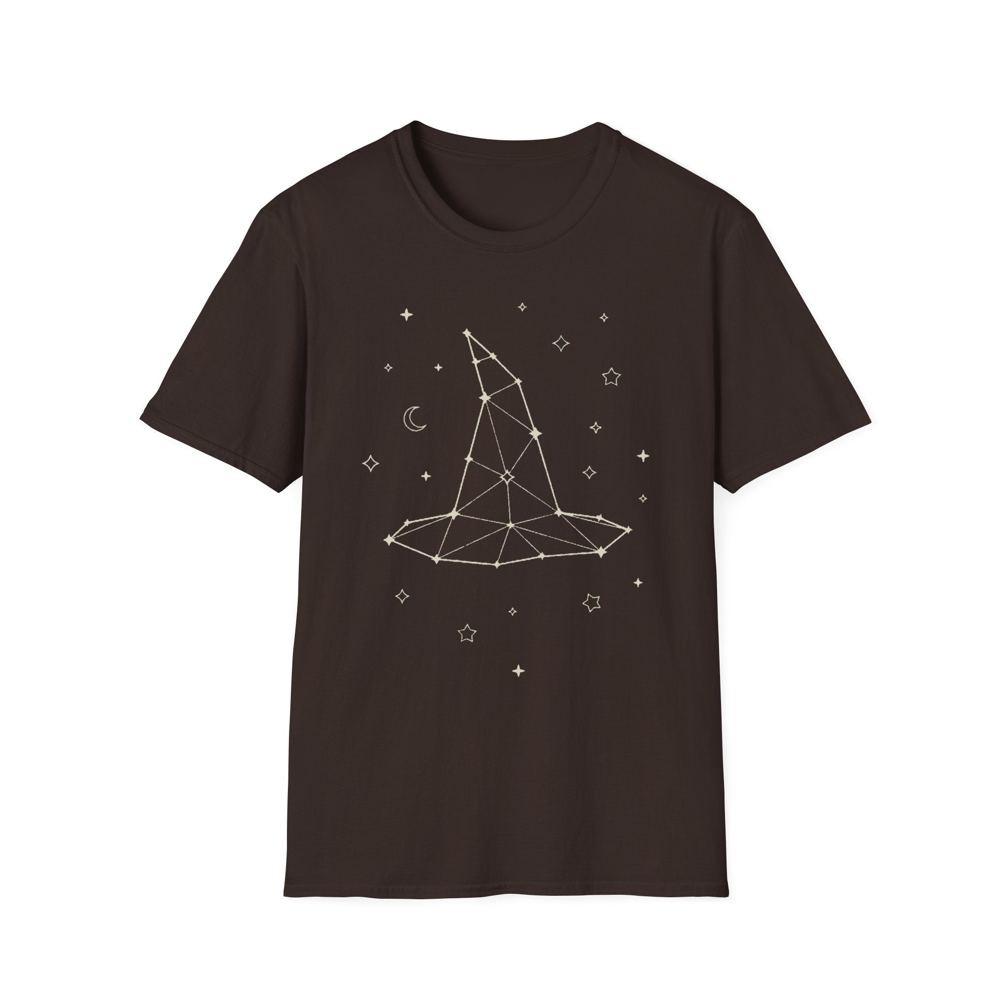 Dark brown T-shirt with white constellation witch hat graphic and star symbols