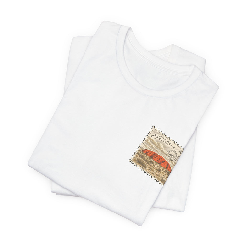 White crewneck T-shirt, folded pair with postage-stamp style chest graphic