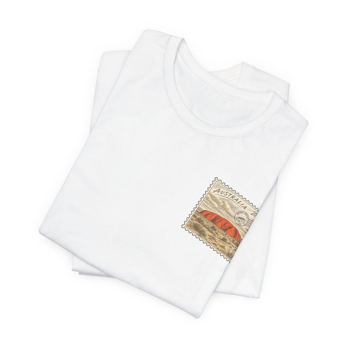 White crewneck T-shirt, folded pair with postage-stamp style chest graphic
