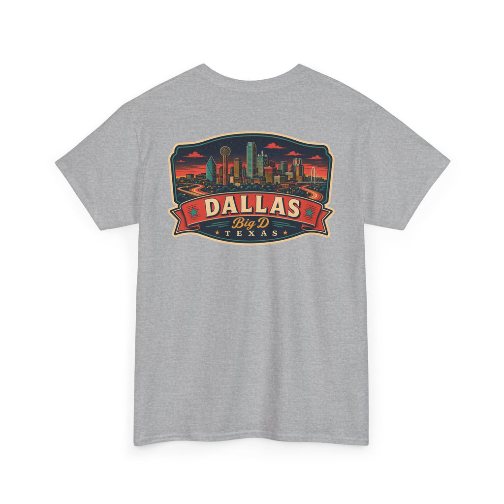 Sport grey crewneck T-shirt with Dallas skyline luggage tag graphic on chest