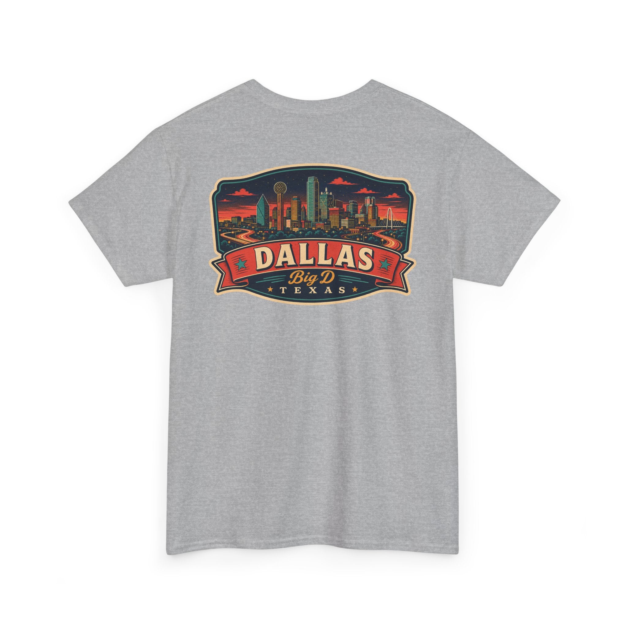Sport grey crewneck T-shirt with Dallas skyline luggage tag graphic on chest