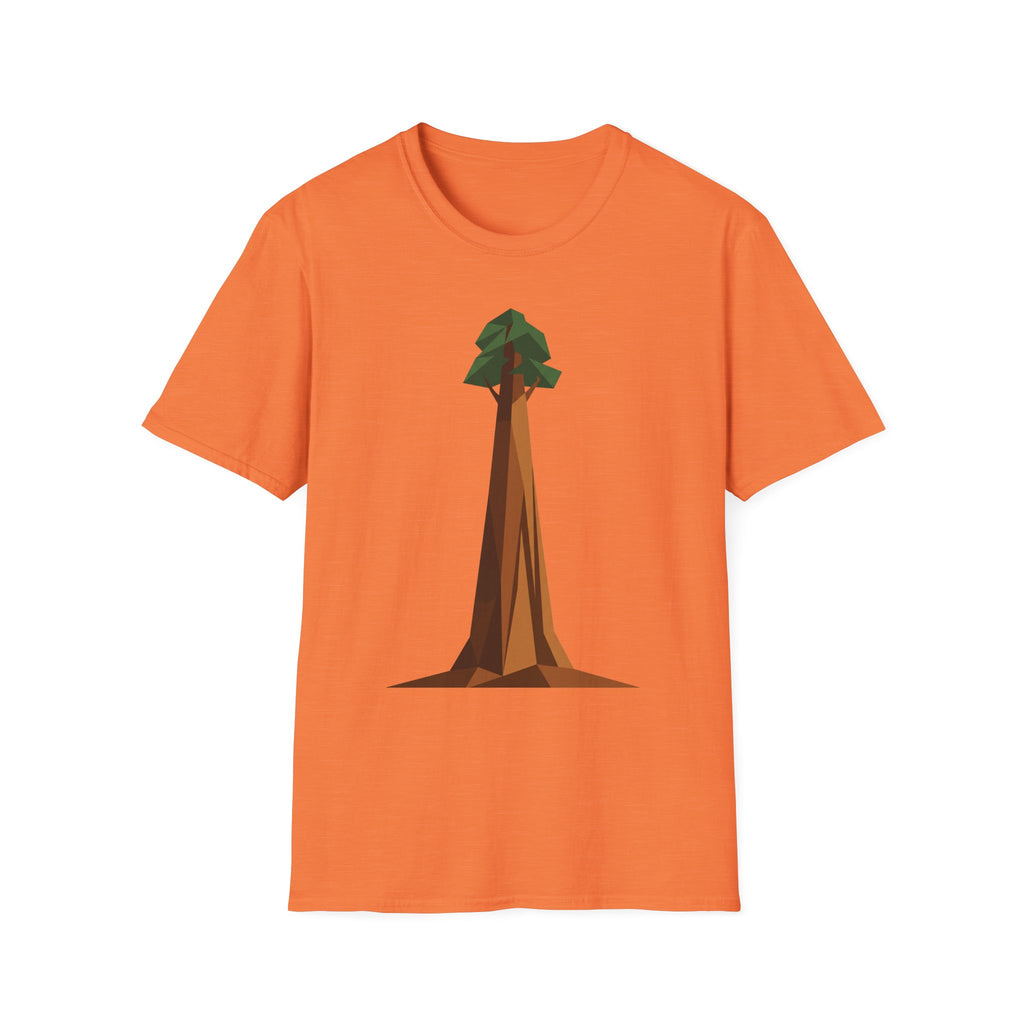 Geometric tree T-shirt, orange base with low-poly redwood graphic on front