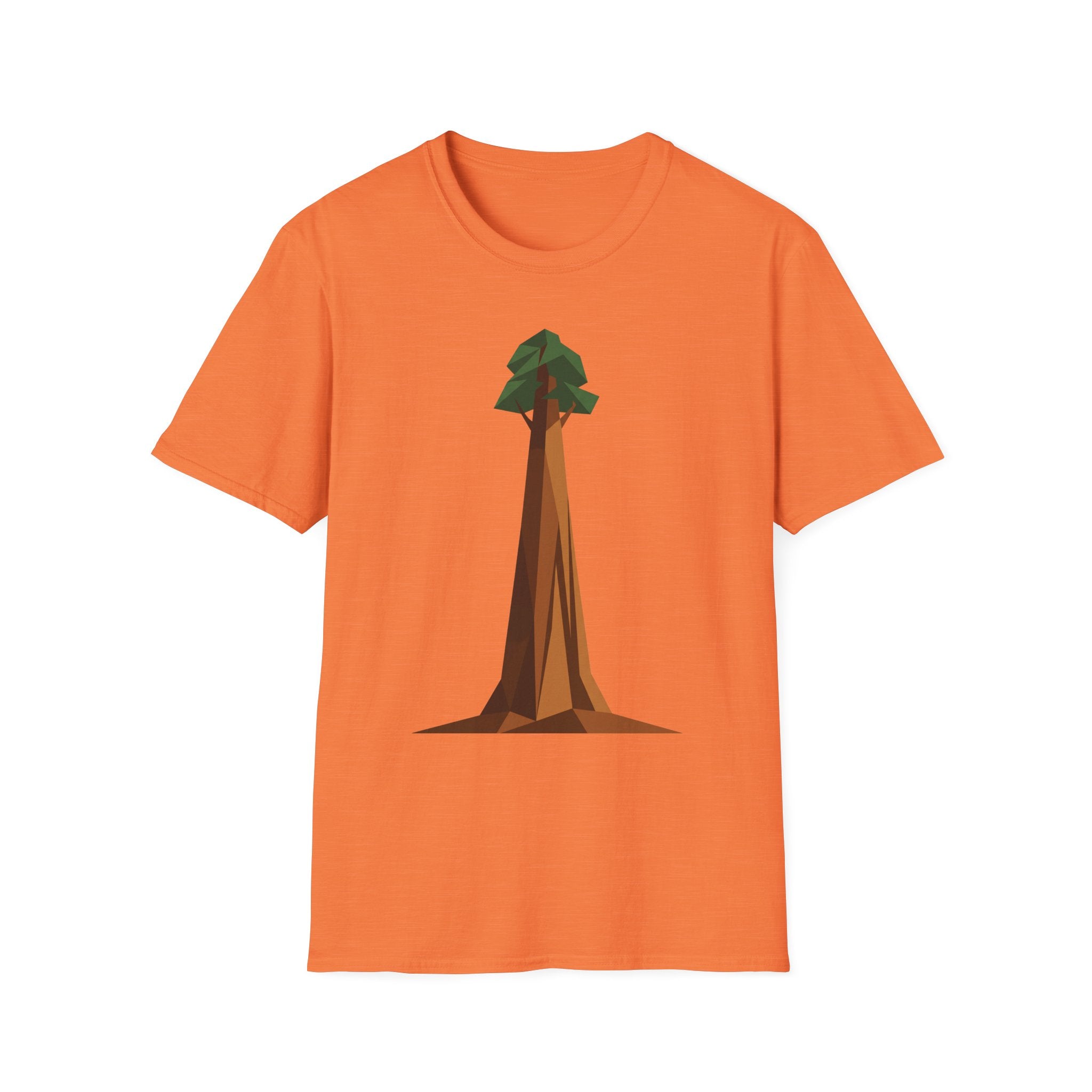 Geometric tree T-shirt, orange base with low-poly redwood graphic on front