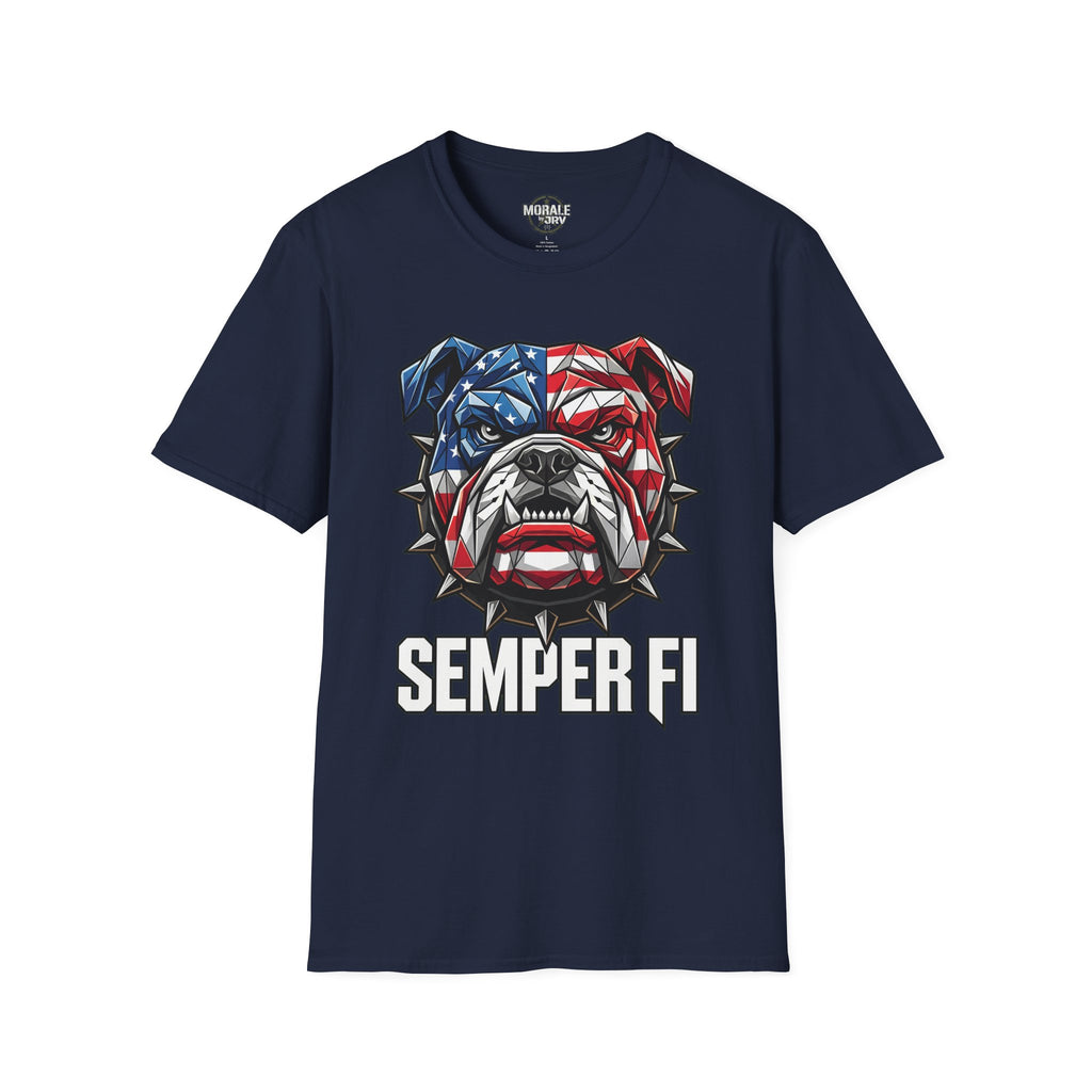 Navy Semper Fi bulldog T-shirt with American flag dog head and logo text