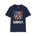 Navy Semper Fi bulldog T-shirt with American flag dog head and logo text