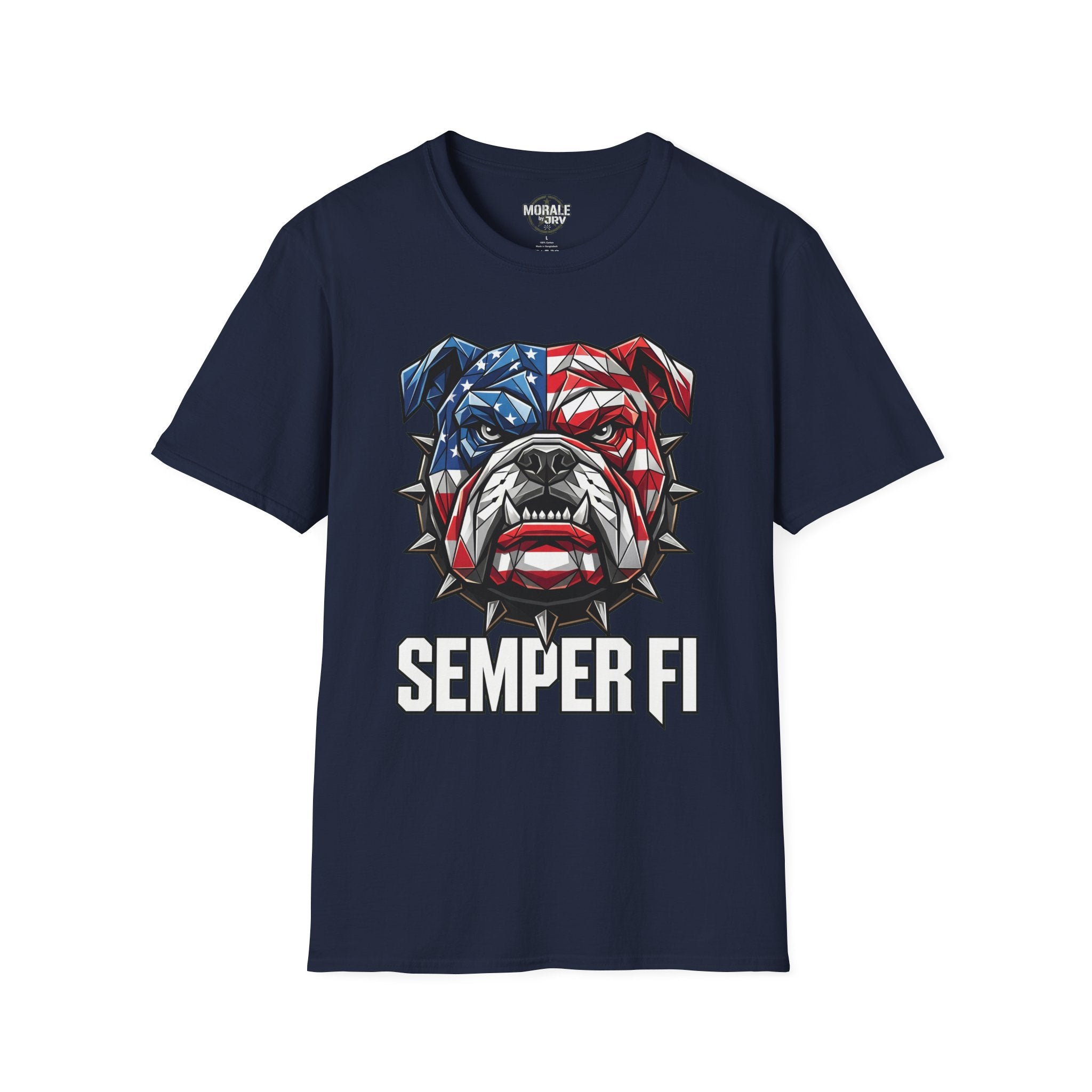 Navy Semper Fi bulldog T-shirt with American flag dog head and logo text