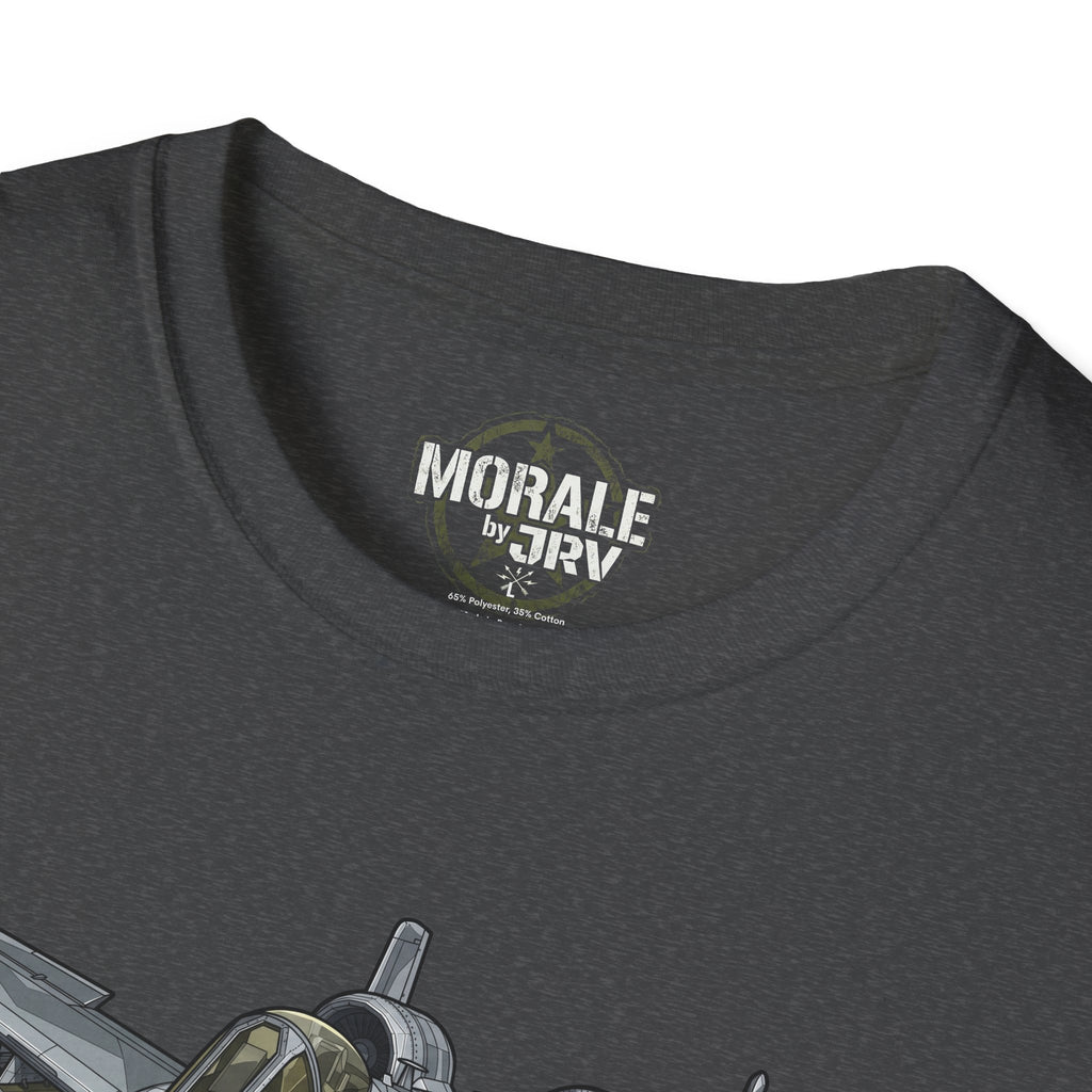 A-10 Warthog T-shirt close-up: back neckline label and partial jet graphic
