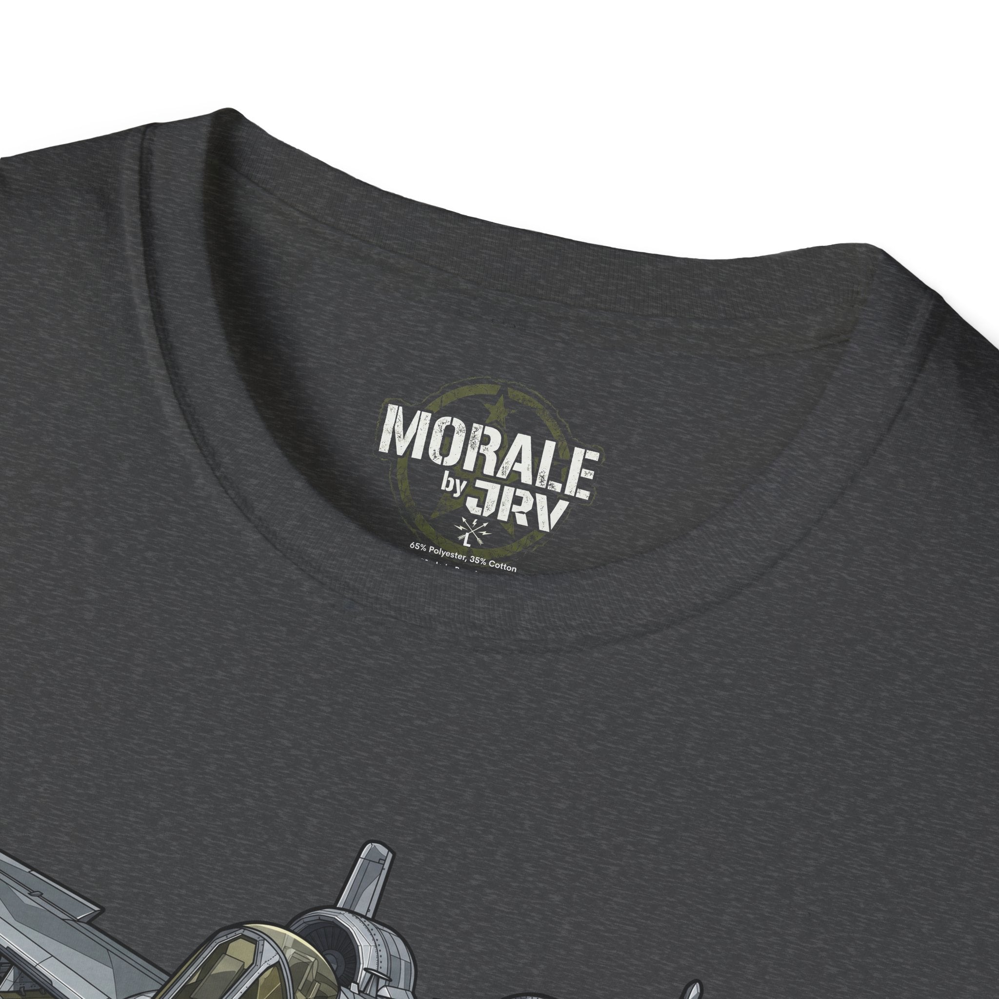 A-10 Warthog T-shirt close-up: back neckline label and partial jet graphic