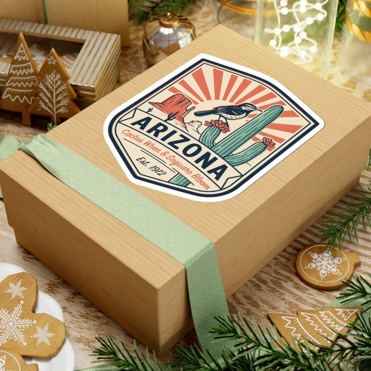Arizona vintage badge sticker on a gift box top, cactus wren and saguaro bloom, Est. 1912.