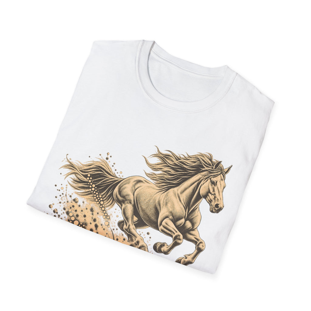 White T-shirt with gold running horse graphic and decorative splash accents.