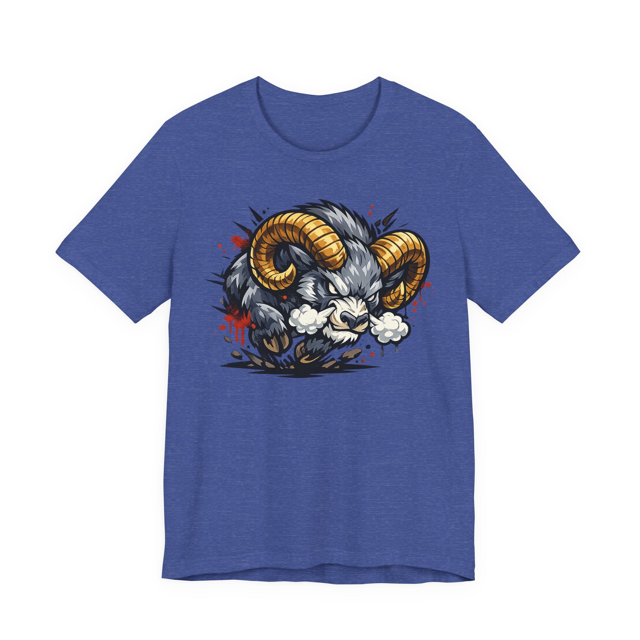 Blue crew-neck T-shirt with angry ram graphic in gold, black, and white