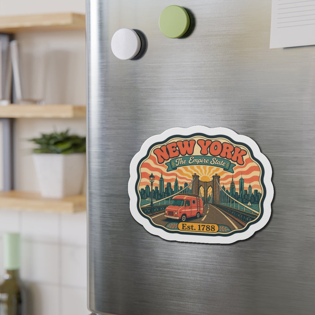 Die-cut New York skyline bridge magnet on metal surface, red van, Est. 1788