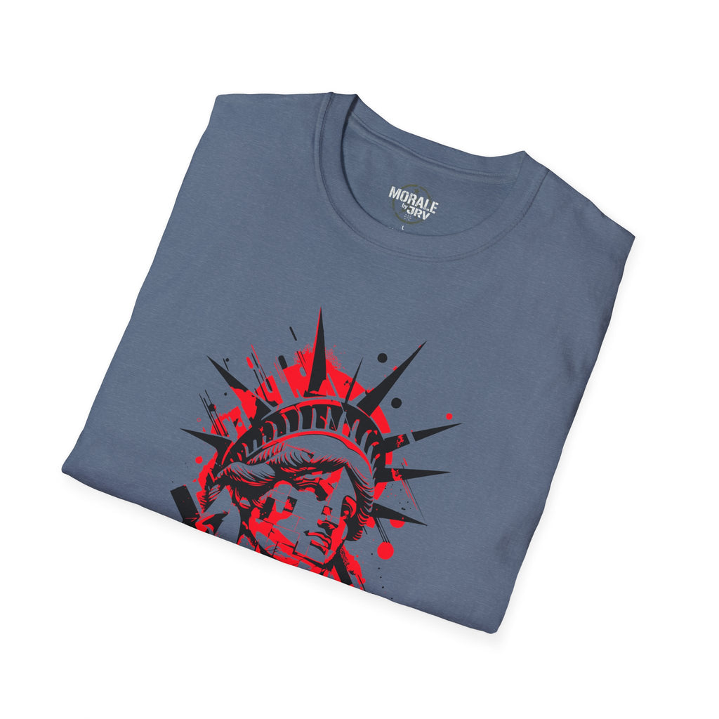 Liberty Statue graphic T-shirt in charcoal blue with red and black print
