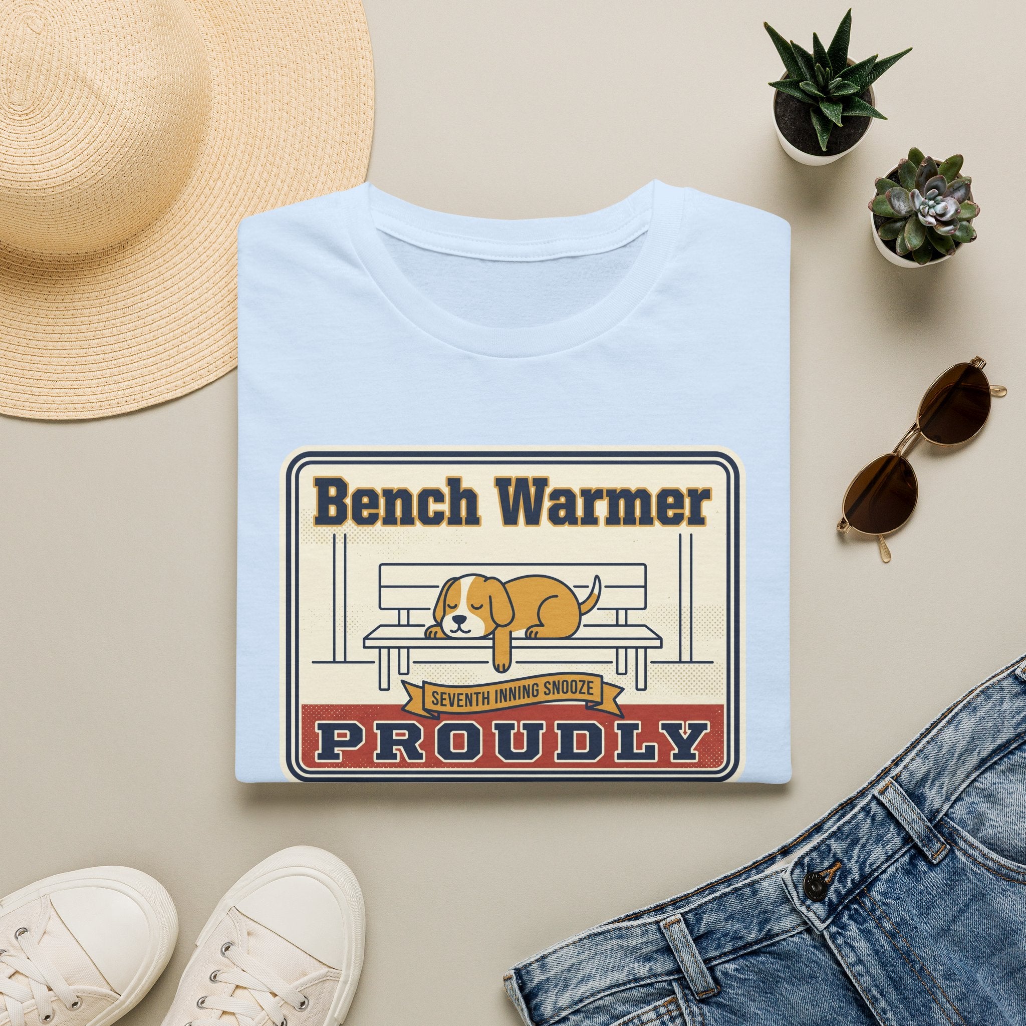 Light blue crew-neck t-shirt with 'Bench Warmer Proudly' dog logo