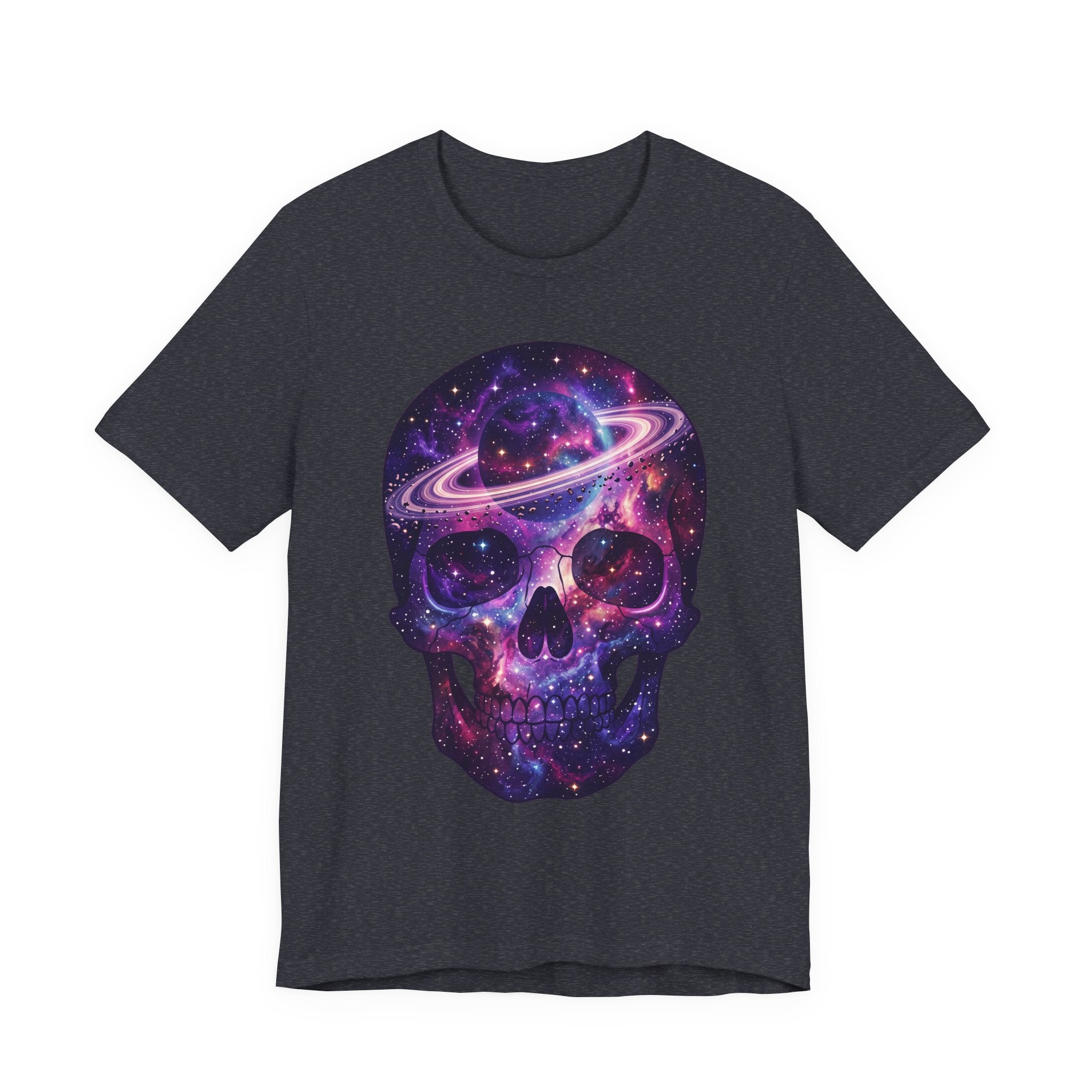 Charcoal Galaxy Skull T-Shirt with galaxy skull and glowing ring planet print